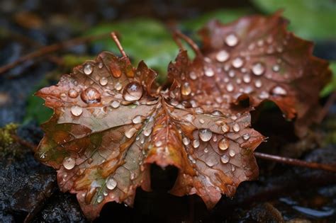 Primer Plano De Hojas Ca Das Con Gotas De Agua Y Roc O En Las Hojas