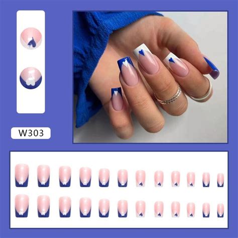 Cheap 24pcs Detachable Diy Fake Nials Press On Nails French Blue Silver Glitter Long Square