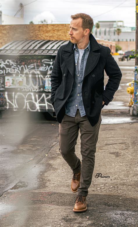 Men's Casual Outfit Idea: Pea Coat, Chambray Shirt, Twill Pants, and Moc Toe Boots