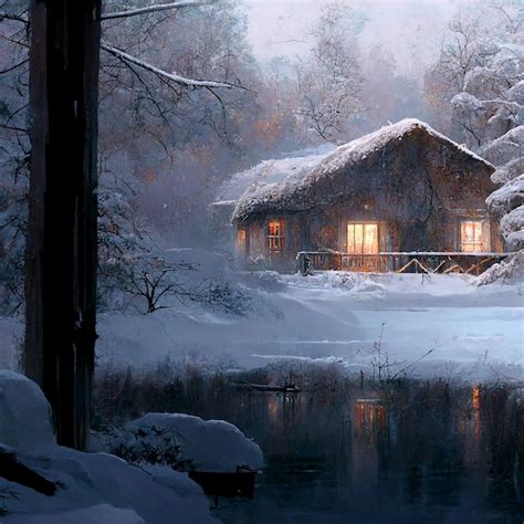 Premium AI Image Illustration A Hut In A Winter Snow Forest By An Icy