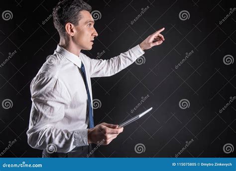 Pleasant Adult Man Pointing At The Screen Stock Image Image Of