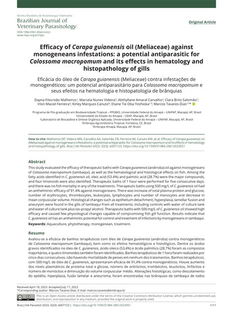 PDF Efficacy Of Carapa Guianensis Oil Meliaceae Against Monogeneans