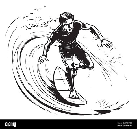 Surfer In Wave Brush Ink Sketch Hand Drawn Serigraphy Print Vector Illustration Logo Stock