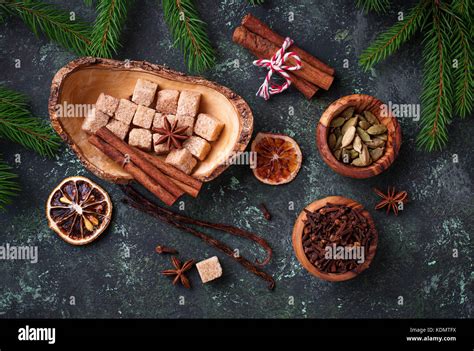 Traditional Christmas Spices On Green Background Stock Photo Alamy