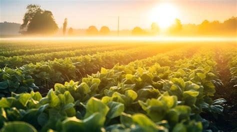 Premium Ai Image Sunrise Over Lush Green Farm Fields With Sunbeams