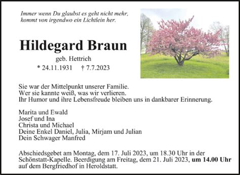 Traueranzeigen Von Hildegard Braun Schwaebische De Trauerportal