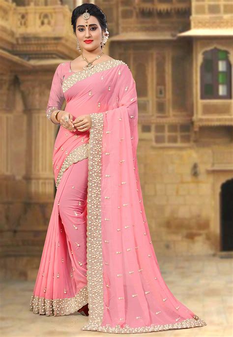 Buy Embroidered Georgette Saree In Peach Online Scba Utsav Fashion