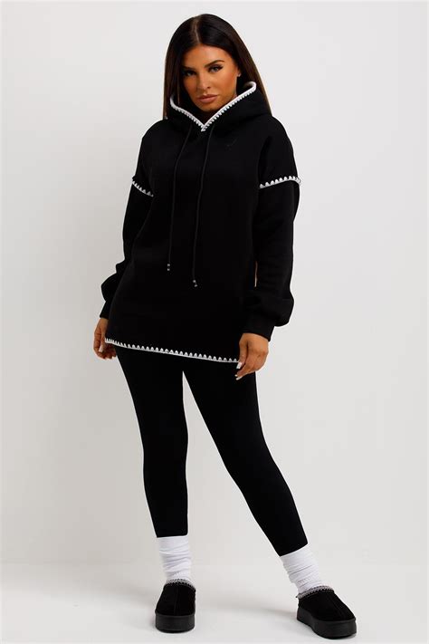 Womens Black Oversized Hoodie With Contrast Stitching Detail