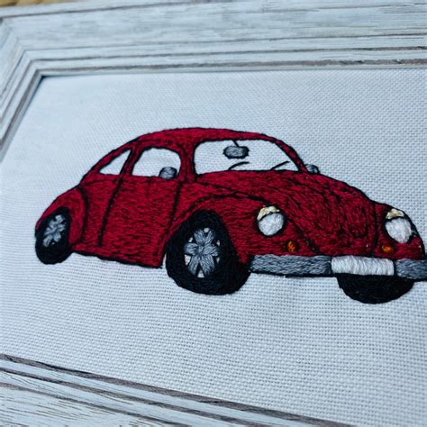 Hand Embroidered Old Vw Beetle Hand Stitched Embroidery Wall Hanging