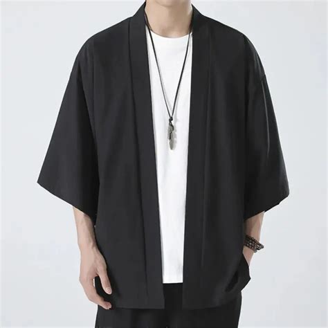 Kimono Con Capa Blanca Y Negra Para Hombre Camisa De Playa Haori Ropa