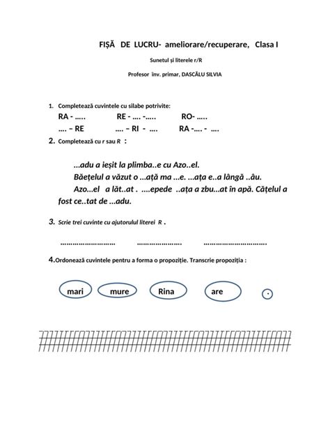 AcademiaABC Fișă de lucru Sunetul și literele r R Ameliorare Recuperare