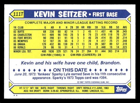 Kevin Seitzer Kansas City Royals 1987 Topps Traded 111T EBay