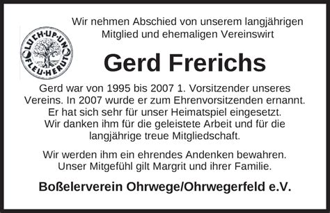 Traueranzeigen Von Gerd Frerichs Nordwest Trauer De