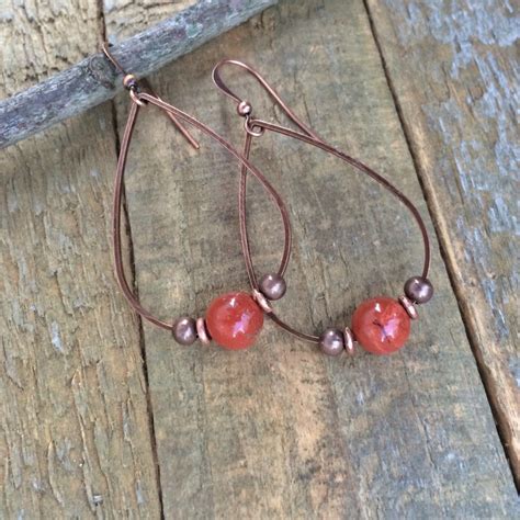 Red Jasper Teardrop Earrings Natural Stone Jewelry Copper Etsy