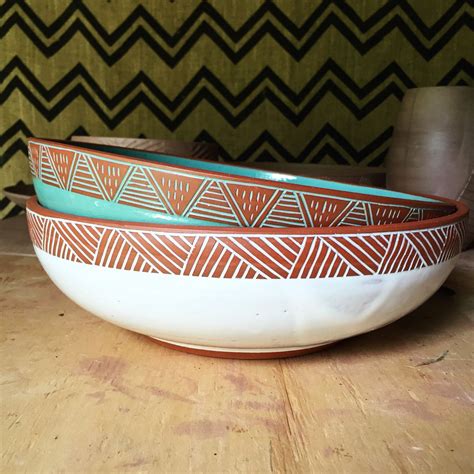 Serving Bowl With Carved Rim Large Salad Bowl Terracotta Handmade