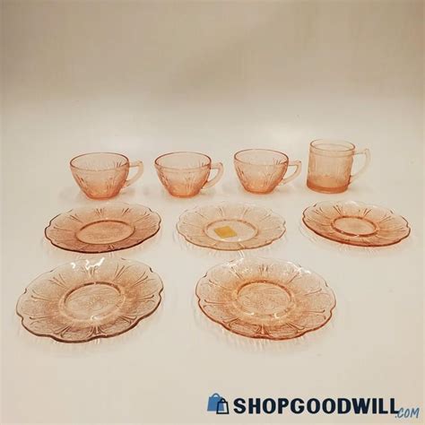 Vintage Pink Depression Glass Saucers And Cups 9 Pcs