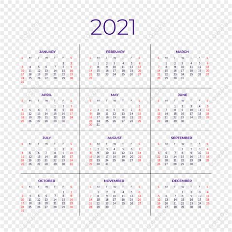 2021 Calendar Vector Calendar Typography Line Simpleredmonthly