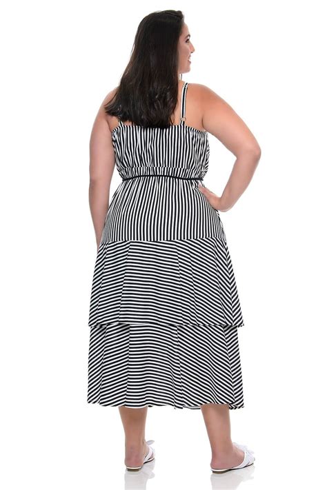 Vestido Plus Size Midi Listrado Com Babados Preto Vk Moda Plus Size