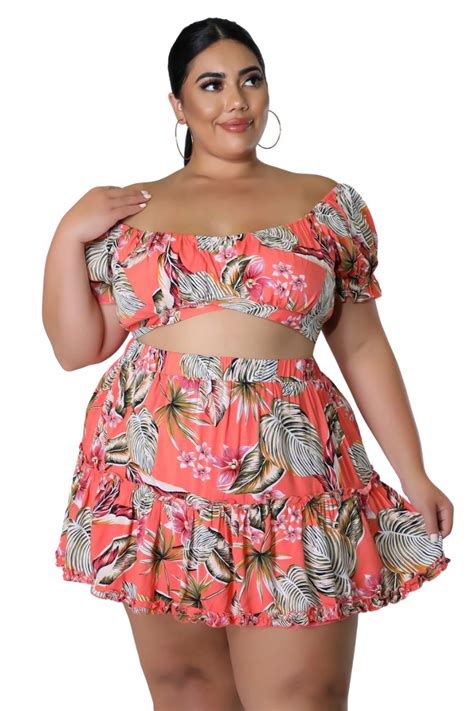 Final Sale Plus Size 2pc Off The Shoulder Crop Top And Skirt Set In Ma