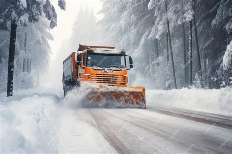 Premium Ai Image Orange Maintenance Plough Truck On Forest Road After Snowing