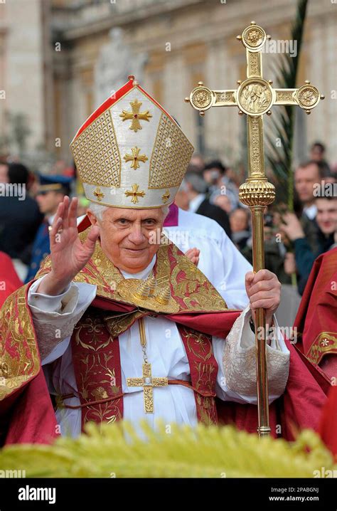 Pope Benedict Xvi Holds The Papal Staff While Leading A Procession