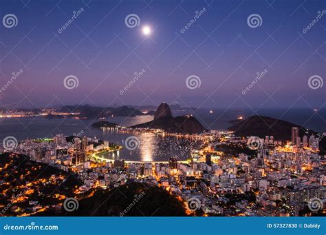 Rio De Janeiro At Night With Moon In The Sky Stock Photo Image Of