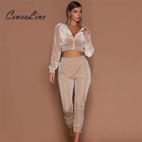 Velvet Two Piece Set Crop Top Tracksuits Autumn Winter Women Casual