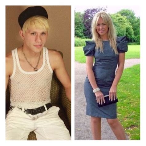 Two Pictures Of People In Different Outfits One With Blonde Hair And The Other Without