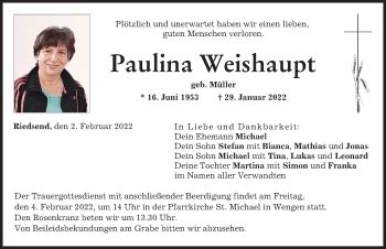 Traueranzeigen Von Paulina Weishaupt Allg Uer Zeitung