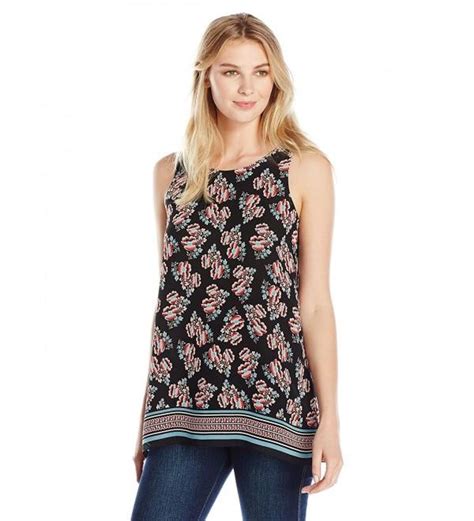 Lark Ro Women S Sleeveless Crimped Blouse Black Coral Dual Peony