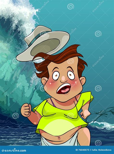 Cartoon Man With A Hat Runs From The Giant Tsunami Waves Stock Vector