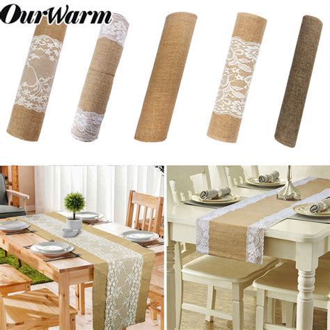 Ourwarm Hessian Jute Lace Table Runner Natural Flower Burlap Table Cover Cloth Dinner Room