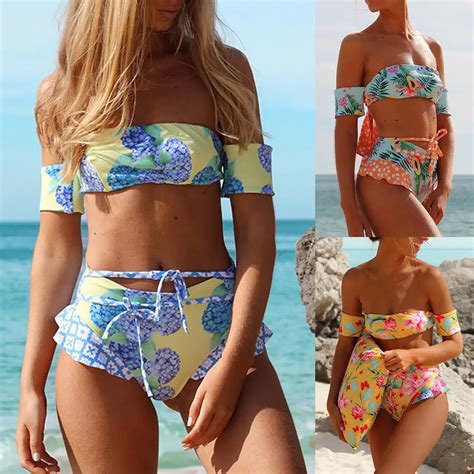 Off Shoulder Bikini Floral Print Swimwear Women Sleeve Swimsuit