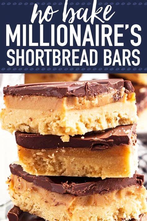 No Bake Shortbread Bars Stacked On Top Of Each Other With Text Overlay