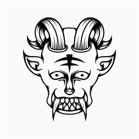 scary demon head illustration with line art style. horns and fangs. suitable for logo, mascot ...