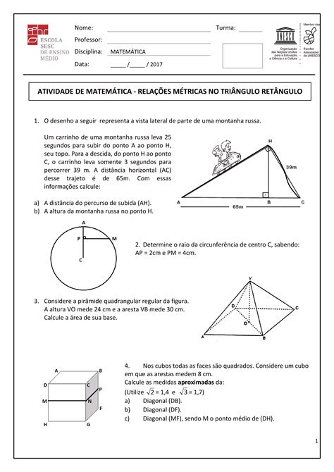 2ª Atividade Relações Métricas No Triângulo Retângulo Pdf