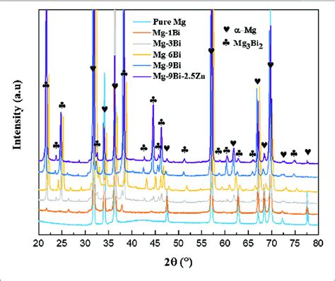 Xrd Profiles Of Pure Mg Mg Bi And Mg Bi Zn Alloys Download