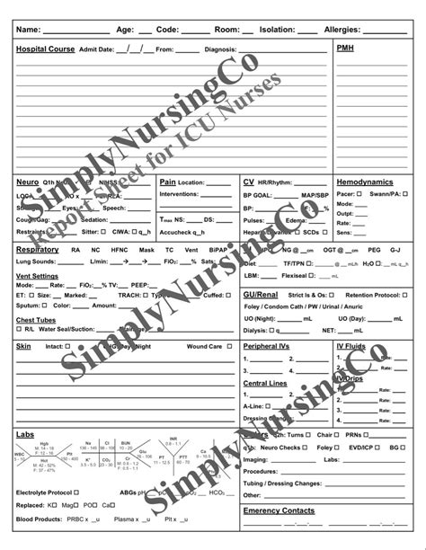 Highly Detailed Report Sheet For Icu Nurses With Fishbone Lab Diagrams