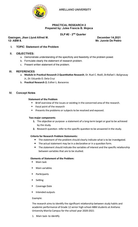 DLP 2 Statement Of The Problem ARELLANO UNIVERSITY PRACTICAL RESEARCH