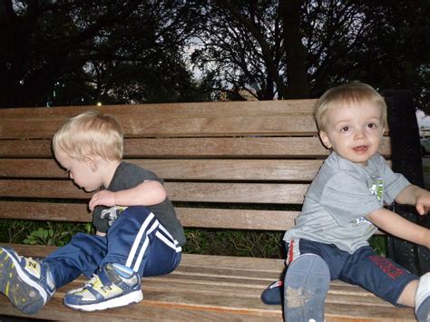 Conner And Paxton Hey It Is Fun Playing On A Park Bench