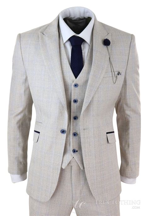 Cavani Caridi Mens 3 Piece Wedding Suit Cream Tweed 3 Piece Suits