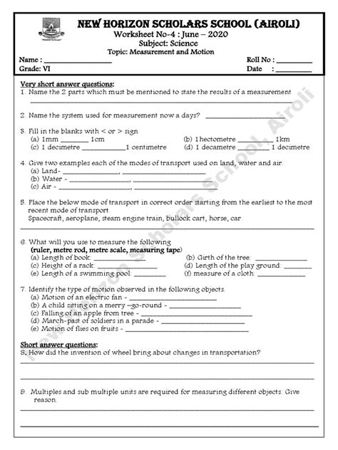 Grade 6 Subject Science Topic Measurement And Motion Worksheet No 4