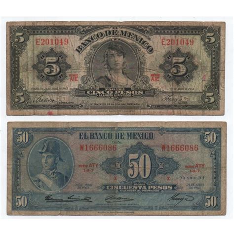 Mexico 1963 Used Banknotes 5 Pesos And 50 Pesos BidCurios