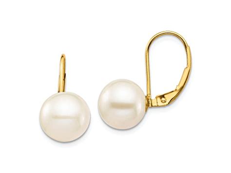 K Yellow Gold Mm White Round Freshwater Cultured Pearl Leverback