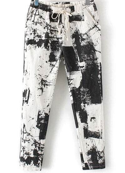 Black Drawstring Waist Abstract Print Pant Shein Sheinside