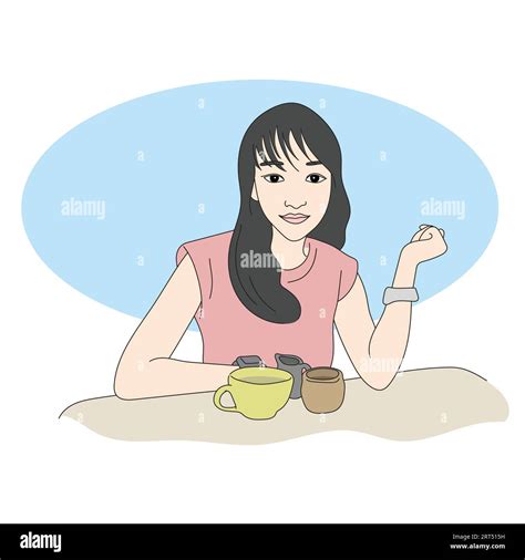 Asian Woman With Hot Coffee On The Table Illustration Vector Hand Drawn Isolated On White