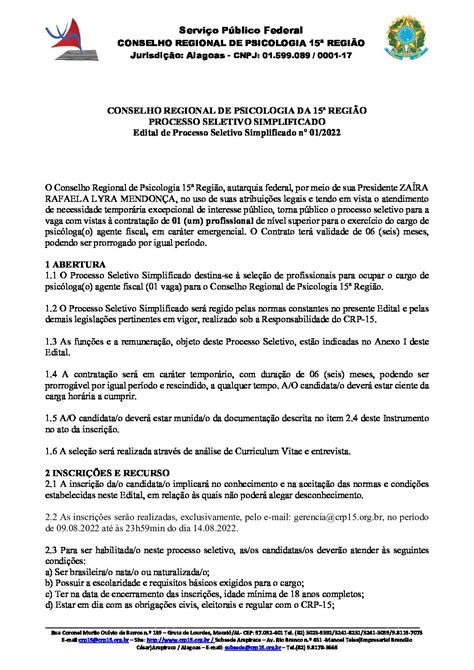 Conselho Regional De Psicologia 15ª Região Edital De Processo Seletivo Simplificado Nº 012022