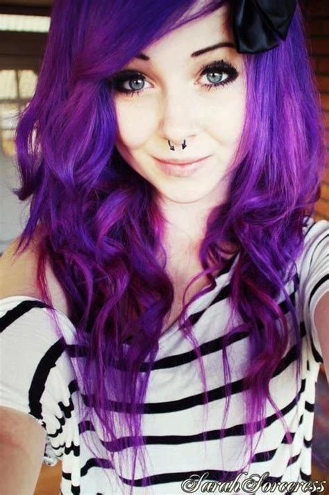 Gorgeous Purple Dyed Long Hair Pale Skin Retro Make Up Septum Piercing