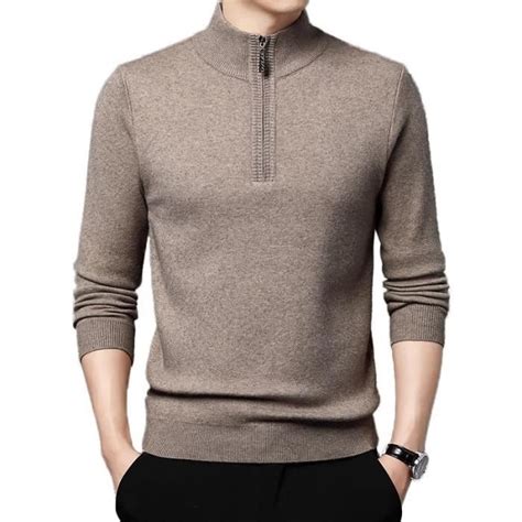 Pull Homme à Col Zippé en Tricot Chaud Doublé Polaire Automne Hiver