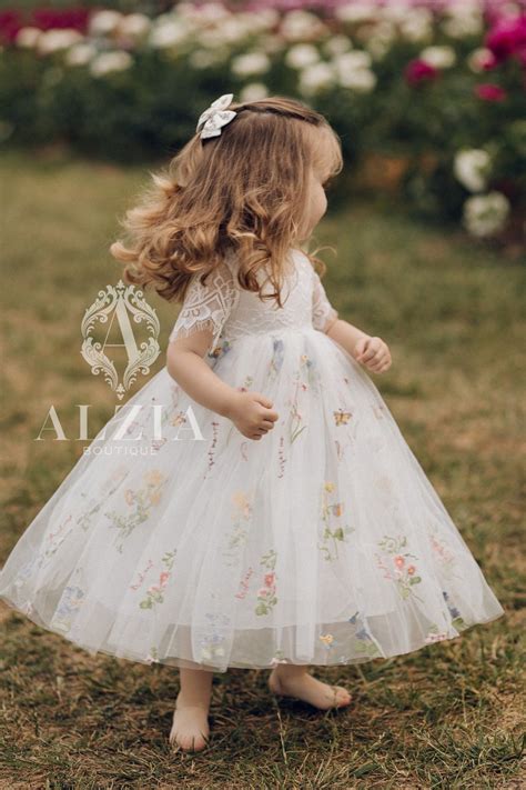 Sage Green Floral Embroidered Tulle Flower Girl Dress Easter Girls